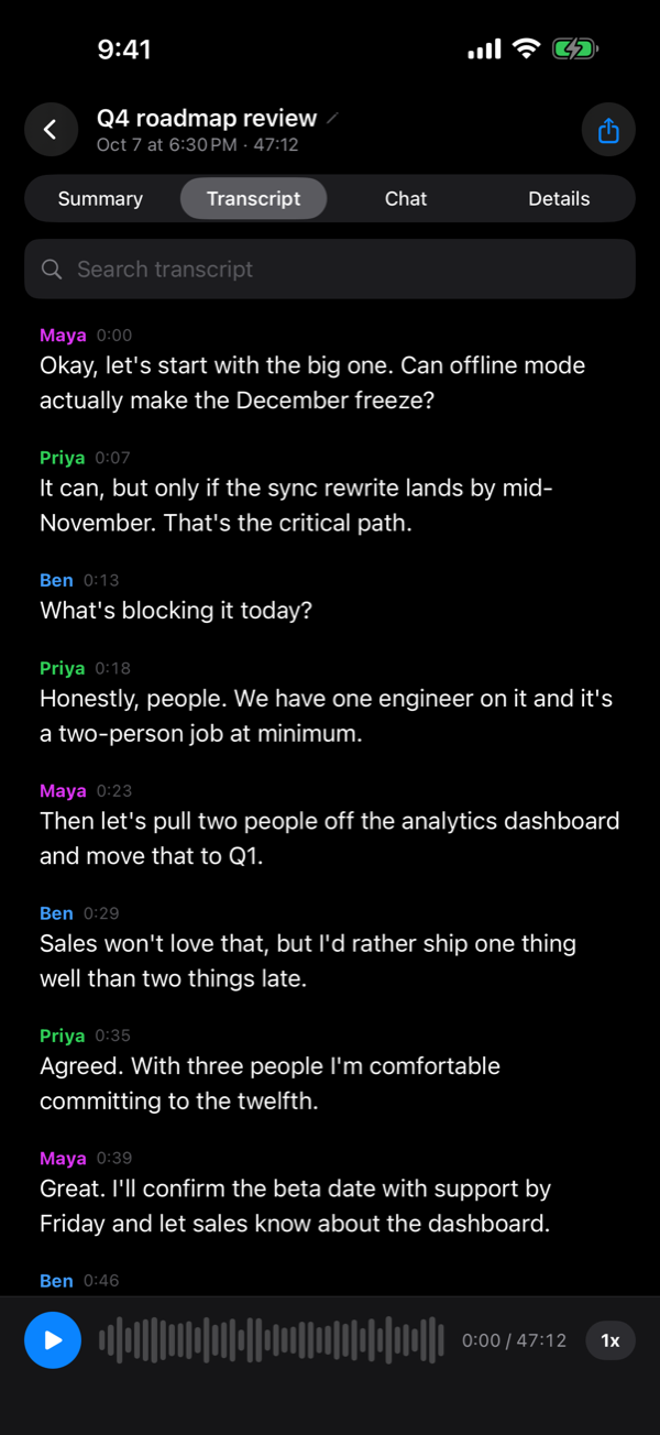 A transcript with each line labelled by speaker name and timestamp